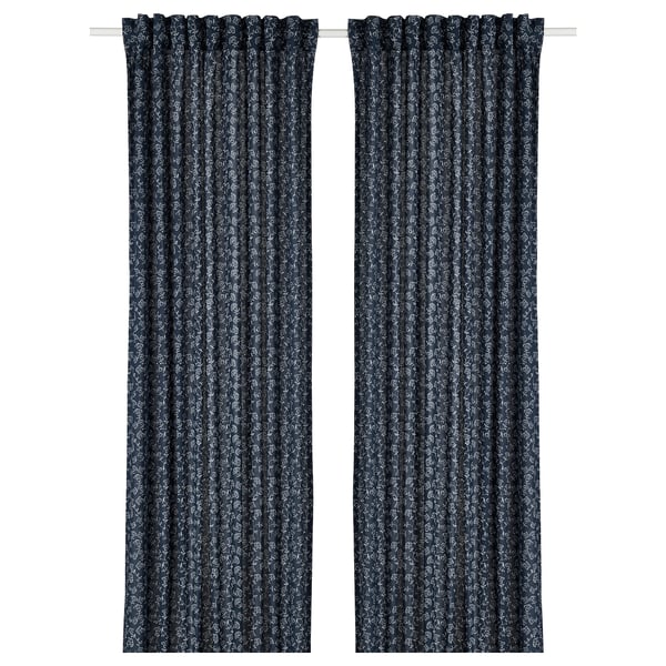 Темно-синие узорчатые шторы с белыми цветочными узорами, с навесной лентой для подвешивания, изготовленные из смеси хлопка и вискозы.