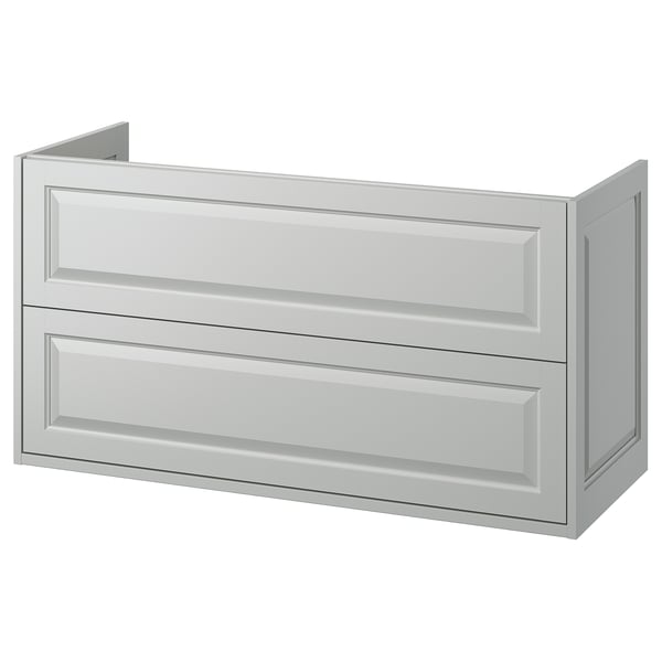 TÄNNFORSEN gray bathroom cabinet with beveled edges and two drawers.