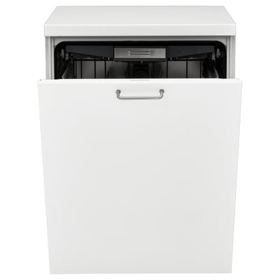 White dishwasher open. Silver handle and racks. Shows clean interior. Space for large items. Modern design.