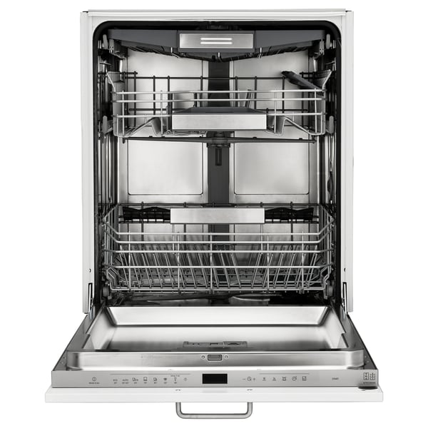 Stainless steel dishwasher by KALLBODA, with three racks and control panel at bottom.