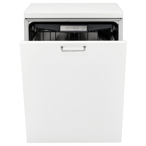 Displays a white KALLBODA dishwasher with its door open, revealing racks for dishes and cutlery.