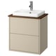 HAVBÄCK beige bathroom vanity, wall-mounted with beige drawers, walnut top, white ceramic basin, chrome faucet.