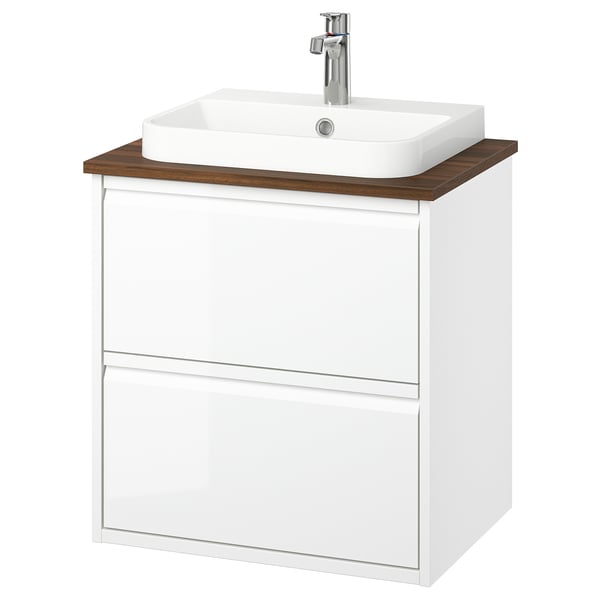 ÄNGSJÖN white wall-mounted bathroom vanity, modern minimalist design with two drawers, wooden countertop, and square ceramic sink.