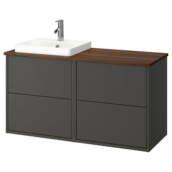 A modern dark grey HAVBÄCK bathroom vanity with a wooden countertop, a white square sink, and a chrome faucet.