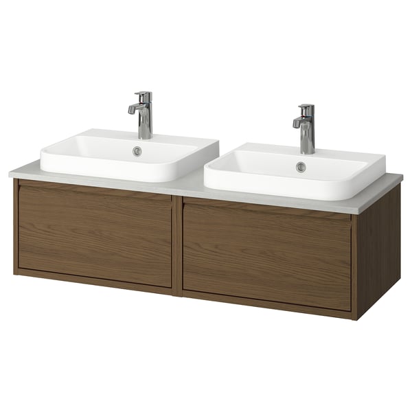 Double wall-mounted vanity in brown oak with two white square basins, chrome faucets, and dark handles.