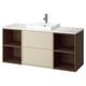 Havbaeck vanity: modern beige wood, open shelves, central basin, wall-mounted.