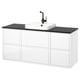 White ÄNGSJÖN bathroom cabinet with marble counter and sink, matte black faucet.