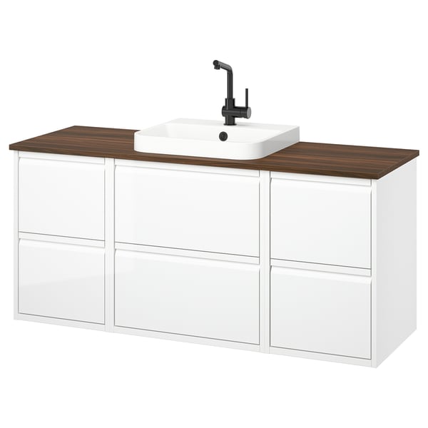 White wall-mounted bathroom vanity, 3 drawers, wooden top, square bowl sink, matte black faucet.