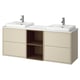 Modern beige bathroom vanity with two square white sinks, open shelf, and wall-mount design.