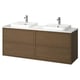 Modern wall-mounted wooden bathroom vanity in brown with two square white sinks and chrome faucets.