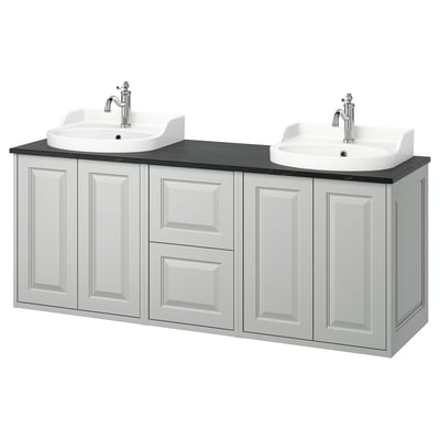 Double TÄNNFORSEN vanity in light grey with sleek lines, 2 basins, chrome faucets, and ample storage.
