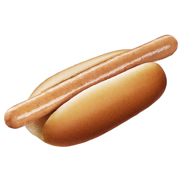 Plant-based hot dog with bread, mild smoky flavor, and seaweed casing.