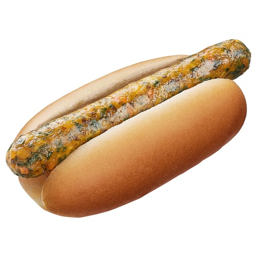 This image a vegetable hot dog, filled with visible chunks of kale, lentils, quinoa, and onion. Its grilled and served in a hot dog bun.
