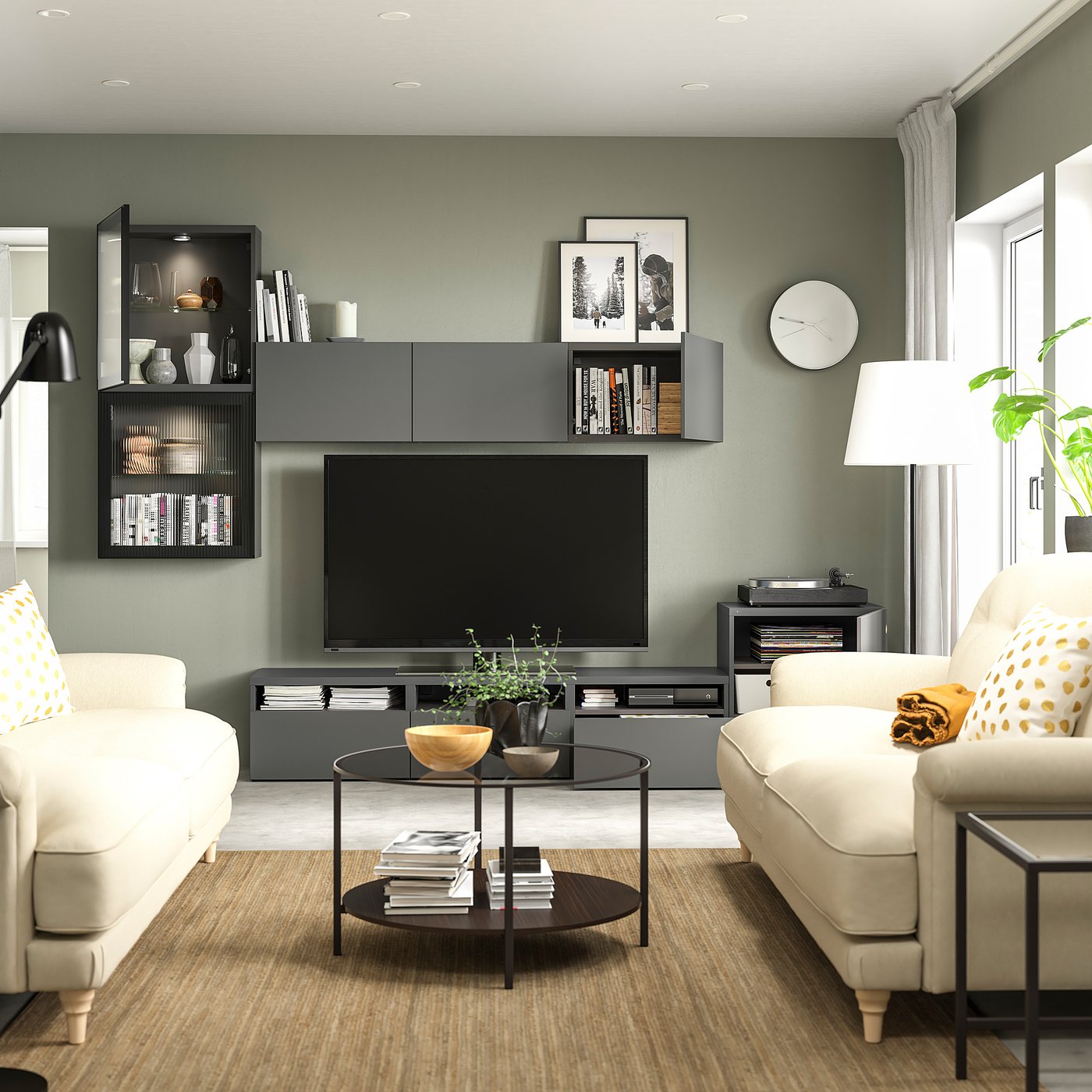 BESTÅ テレビボード/ガラス扉, ブラック IKEA 縦型収納棚付き BESTÅ テレビボード/ガラス扉, ブラック IKEA 縦型収納棚付き