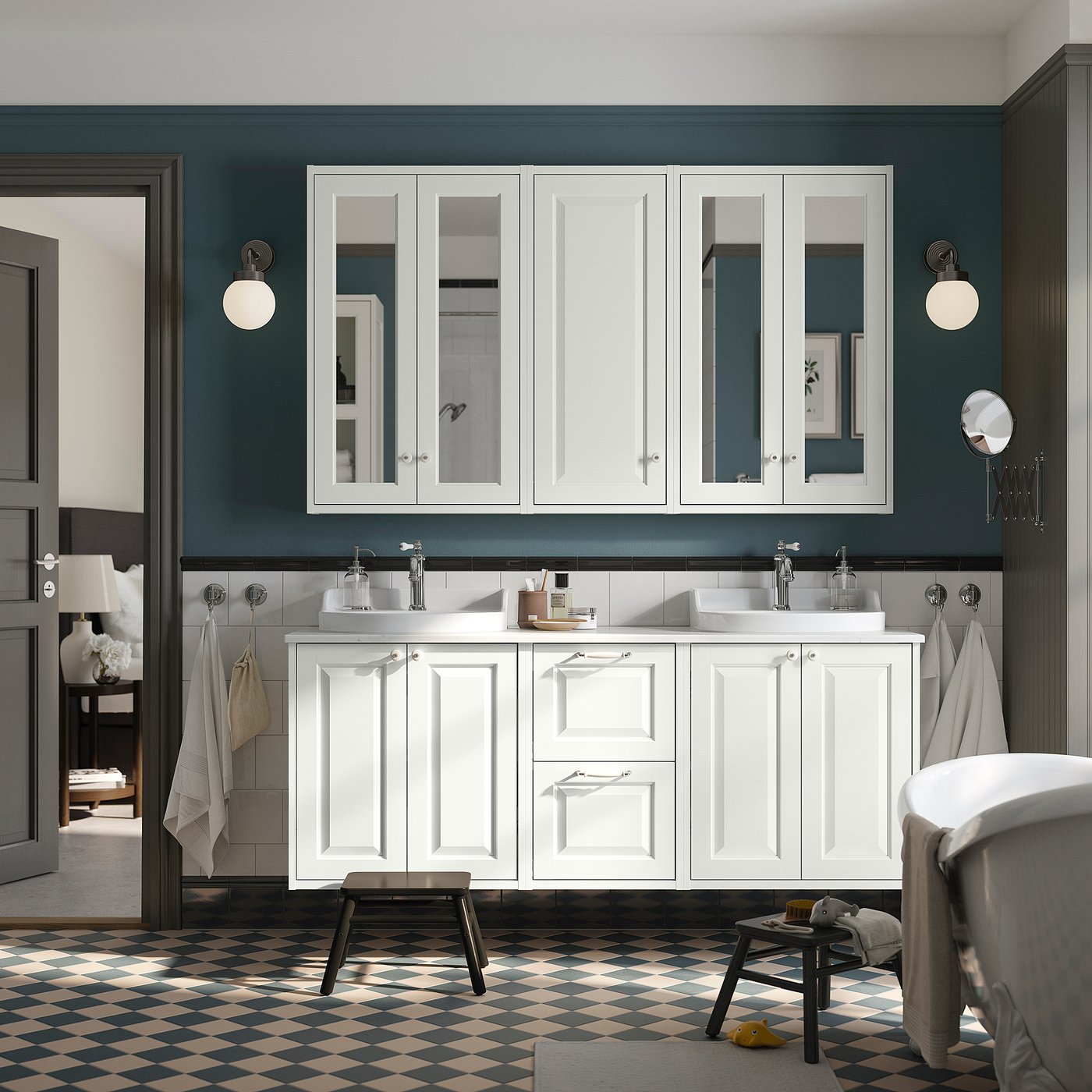 Modern bathroom with large TÄNNFORSEN white cabinets and double basins. Wall-mounted, spacious design with checkered floor and mirrors.