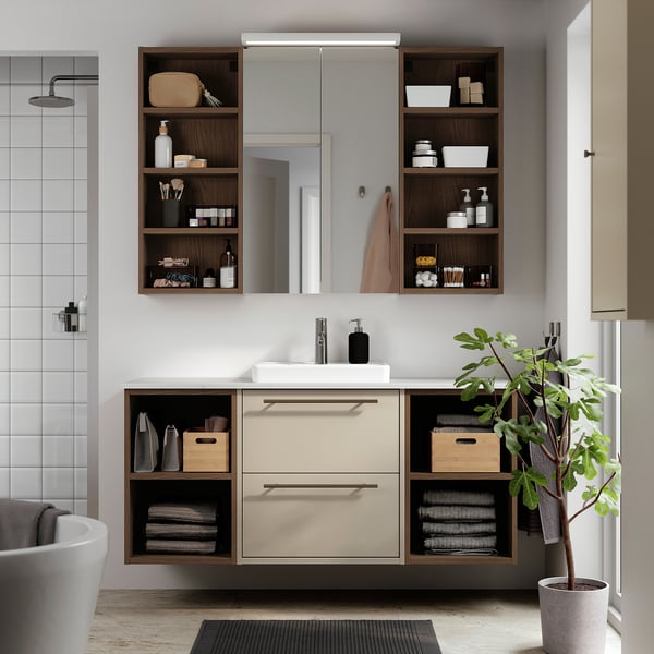 Modern beige bathroom vanity with open shelves, wooden accents, and wall-mounted mirror.