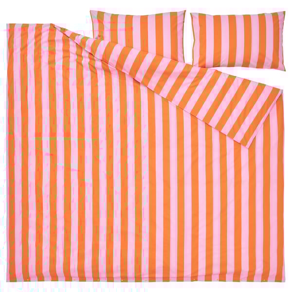 SLÅNHÖSTMAL غطاء لحاف و ٢ غطاء مخدة, orange/pink/مخطط, ‎240x220/50x80 سم‏