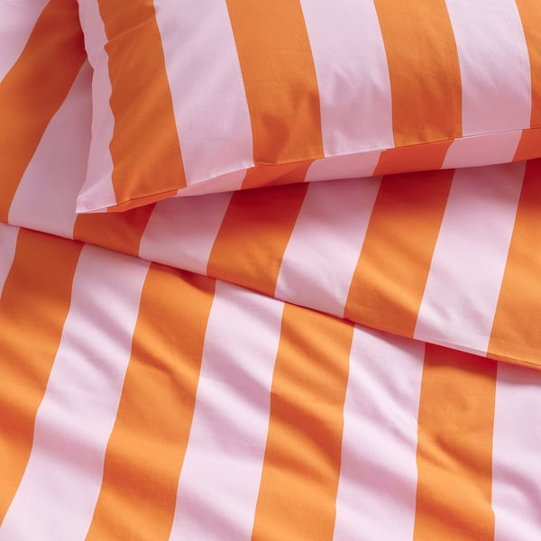 SLÅNHÖSTMAL غطاء لحاف و ٢ غطاء مخدة, orange/pink/مخطط, ‎240x220/50x80 سم‏