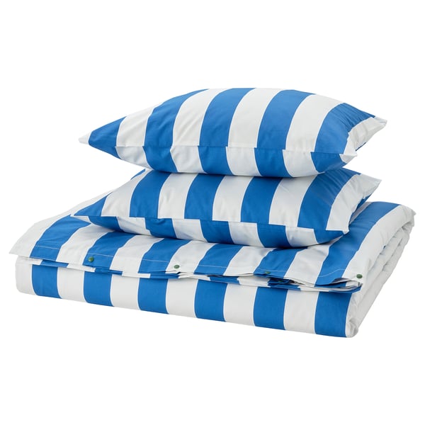 Blue and white striped bedding set, including a duvet cover and pillowcases, made of cotton and viscose, neatly folded.