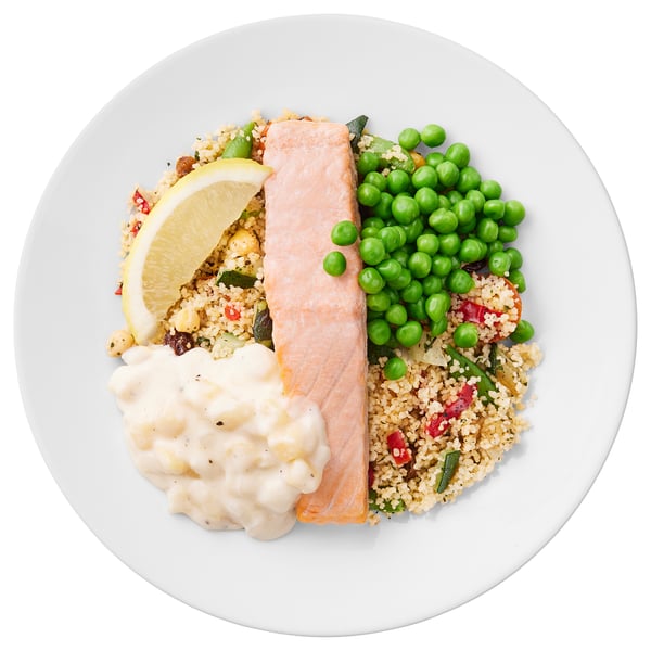  Salmon fillet, couscous grilled veggies/creamy potato green peas