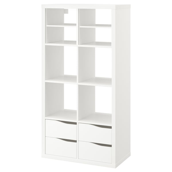 A white ikea KALLAX shelving unit with a mix of shelves and drawers.