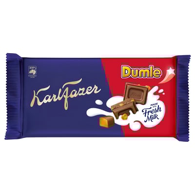 Image depicts a FAZER dumle chocolate bar wrapper. Split blue and red colors with chocolate images.