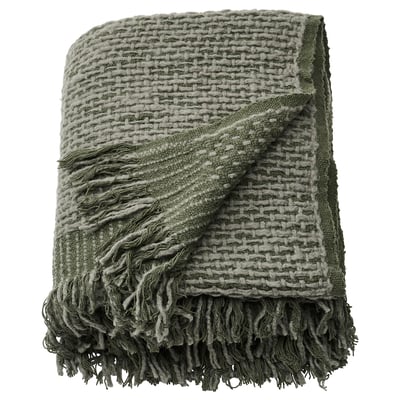 Dark grey-green handwoven throw, half cotton, half wool, fringed edges, rectangular shape.