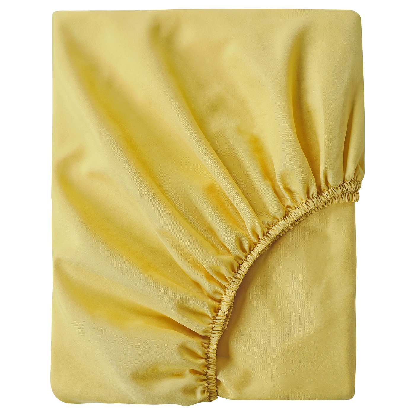 A yellow BRUKSVARA fitted sheet made from recycled polyester, designed to fit mattresses up to 16 cm thick.