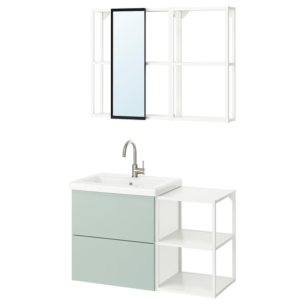 ENHET cabinet with sage green drawers, white countertop, single faucet, and wall-mounted mirror cabinet.