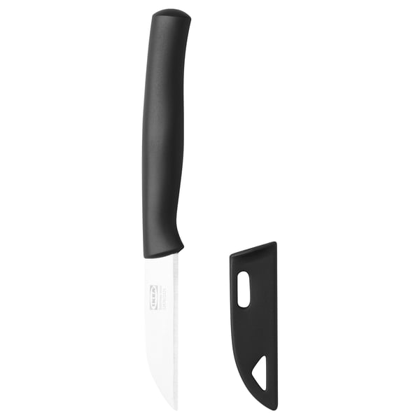 Black SKALAD paring knife with stainless steel blade, safe blade cover.