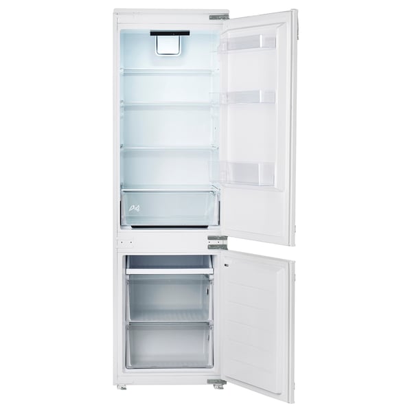 White integrated fridge-freezer with adjustable shelves and led light.