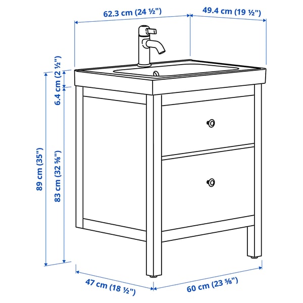 HEMNES / ORRSJÖN خزانة حوض بأدراج/حوض/خلاط