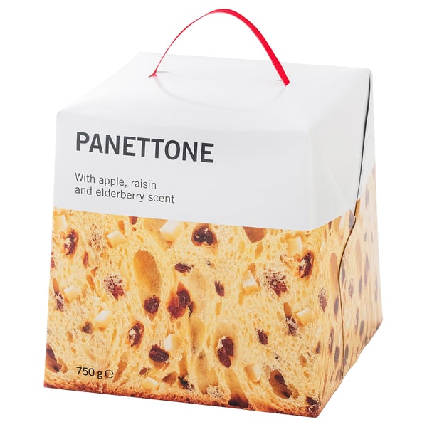 Boxed panettone cake, labeled with ingredients, 750g.