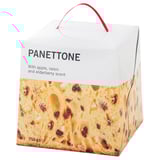 Boxed panettone cake, labeled with ingredients, 750g.