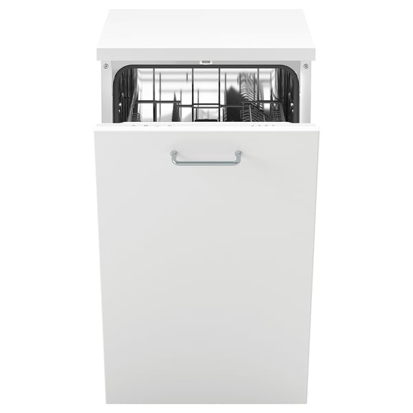 White dishwasher with open top door showing racks, silver handle, compact design.