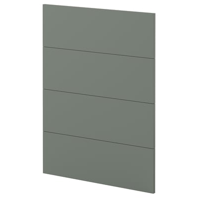 Modern grey-green flat panel drawer fronts with minimalist design.