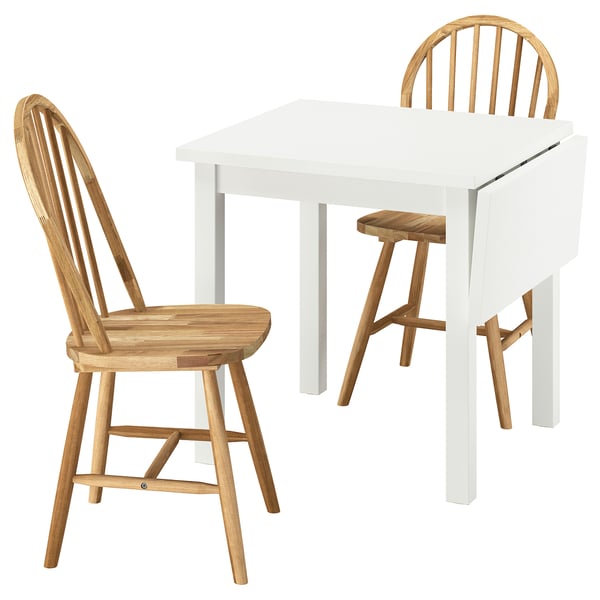 NORDVIKEN: compact white drop-leaf table with two light wood chairs. Simple, space-saving design.