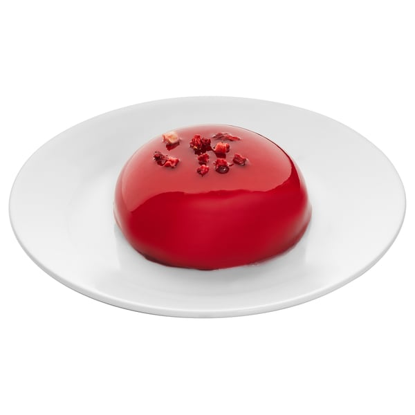 Bright red glossy dessert on a white plate, garnished with dried raspberries. A delightful treat for the senses.