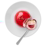 Describe a delicate white plate topped with a round raspberry mousse, garnished with bits of dried raspberry, accompanied by a spoon.