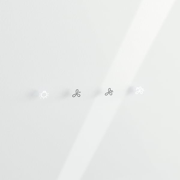 Three black symbols on white: light bulb, fan, michele cross. Indicates of a product.