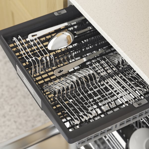 Open dishwasher showcasing organized utensils in multiple levels, demonstrating its spacious and adjustable storage.