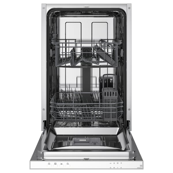 An open, stainless steel dishwasher with two racks.