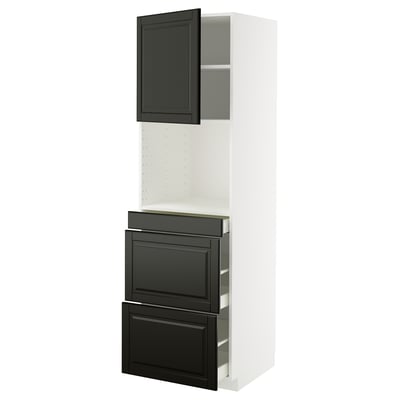 METOD / MAXIMERA ארון גבוה למיקרו עם דלת/3 מגירות, לבן/Bodbyn שחור, ‎60x60x200 ס"מ‏