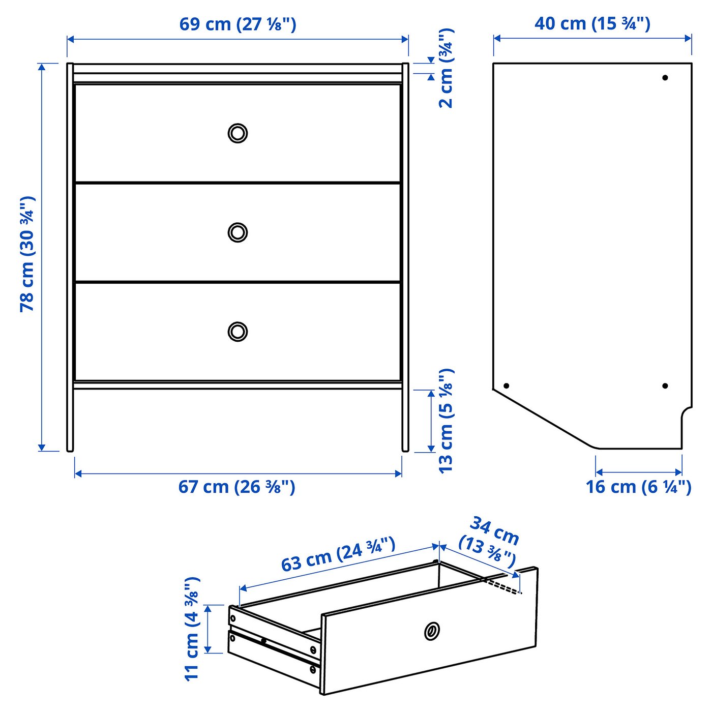 IKEAのチェスト RACKNÄS ラックネス チェスト（引き出し×3）, ホワイト/壁