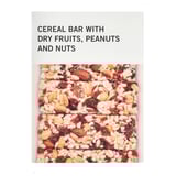 Image shows a cereal bar with dried fruits, peanuts, and nuts. Its a healthy snack option.