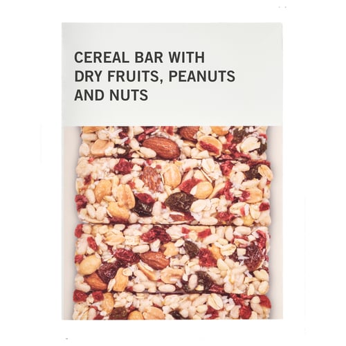 Image shows a cereal bar with dried fruits, peanuts, and nuts. Its a healthy snack option.