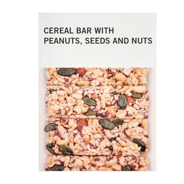 Image description: a white box four cereal bars, each packed with peanuts, seeds, and nuts, perfect for a nutritious snack on the go.