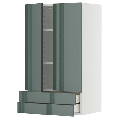 METOD / MAXIMERA ארון עליון+2 דלתות/2 מגירות, לבן/Kallarp אפור כהה-ירוק מבריק, 60x100 ס"מ