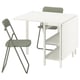 Foldable dining table with green chairs, minimalist design. Character count: 47