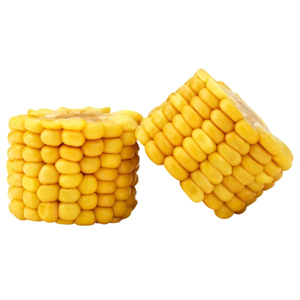 Image shows two ears of shucked yellow corn on white background.